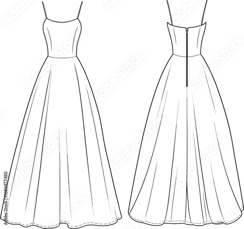 Spaghetti strap dress technical sketch, fitted bodice, full skirt, fashion flat drawing, front and back view, garment design, vector illustration