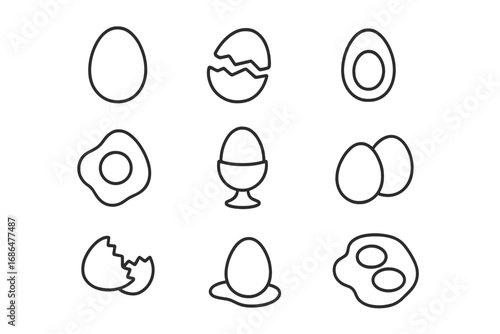 Egg icon set thin line art. Vector collection of food symbols. Fried, boiled, cracked, poached, scrambled egg. Breakfast meal illustration for app, web. Cooking ingredient.
