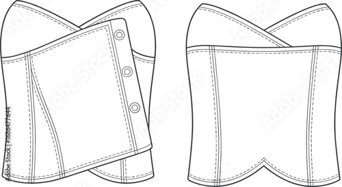 Strapless corset sketch, technical fashion illustration, front and back view, asymmetrical flap design, snap button closure, garment construction drawing