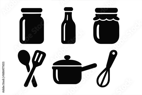 Simple Black Kitchen Icons, Jars, Bottles, Cooking Utensils, Vector Cartoon Illustration, Transparent Background, Ordered Set, Kitchenware Symbols, Minimalist Design