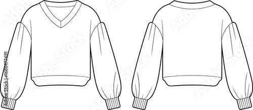Sweater fashion sketch, technical garment drawing, V-neck front, round back neckline, ribbed cuffs, voluminous sleeves, vector illustration, apparel design