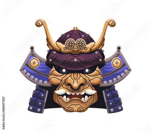 Japanese samurai mask. Traditional East Asian helmet with masque of Oni demon. Theatre disguise with warrior armor. Head of ronin, ninja. Flat isolated vector illustration on white background