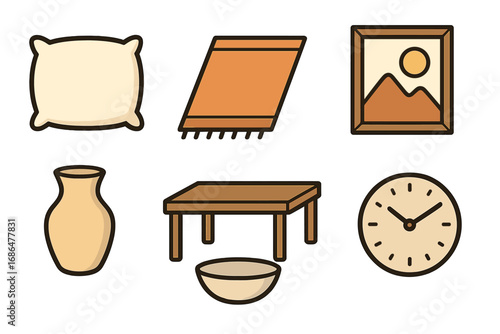Simple Home Essentials Icons Set with Pillow, Rug, Art Frame, Vase, Cube, Table, Bowl, and Clock – Cartoon Vector Illustration on Transparent Background