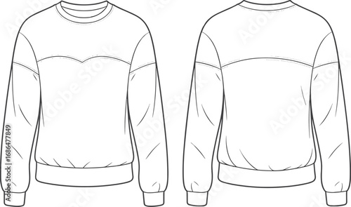 Sweatshirt flat sketch, fashion technical drawing, crewneck top design, ribbed cuffs, curved yoke, garment construction, apparel template, vector illustration