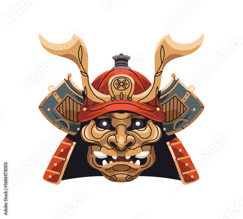Ancient Samurai mask. Helmet of East Asian warrior with masque of Japanese demon, devil face. Theatre disguise of Oni with armor and horns. Flat isolated vector illustration on white background