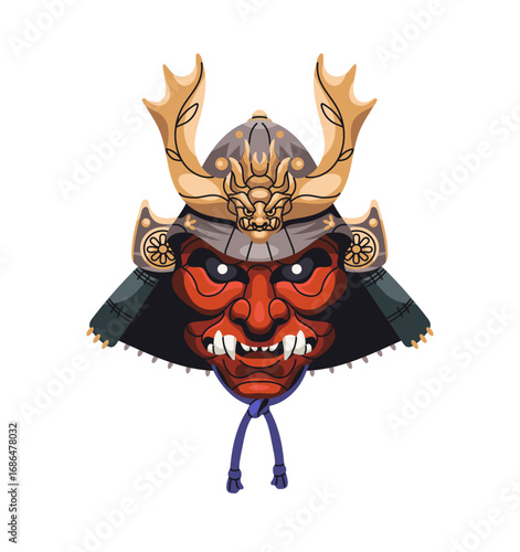 Helmet with Japanese Oni mask. Armor of ancient East Asian warrior with kabuki masque of demon. Theatre disguise with skull, face of devil. Flat isolated vector illustration on white background