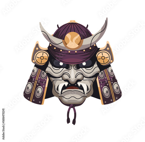 Ancient Japanese helmet with kabuki mask of Asian demon. Samurai head with armor and masque of Oni. Theatre disguise of ninja, ronin, warrior. Flat isolated vector illustration on white background