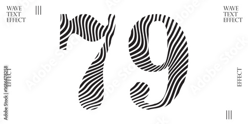 Number 79 with Wave Text Effect - Abstract Distorted Typography, Black and White Linear Pattern

