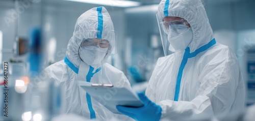 The laboratory scientists in protective suits reviewing a clipboard in a sterile research facility