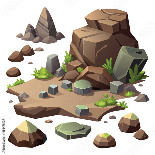 Cartoon stone and brown rock, 3D boulders and pebbles, pile of rubble and debris, isolated natural landscape elements, mountain cliff and rocky terrain, gravel game texture wall piece. Vector set 