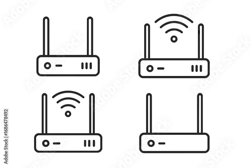 Wi-Fi router thin line icon set. Internet network connection, wireless signal concept. Vector modem & access point icons with editable stroke for web, UI, UX and apps.