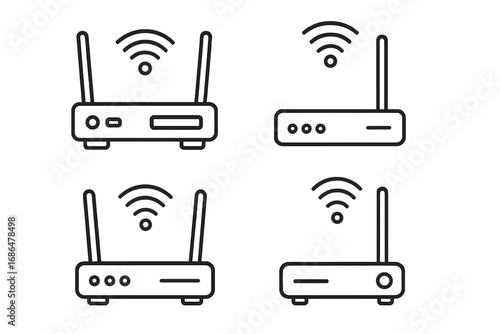 Wi-Fi router line icon set. Wireless internet modem, network signal connection concept. Thin editable stroke vector illustration. Simple pictogram graphic design elements isolated.