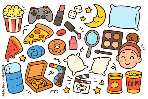 Sleepover fun doodles with snacks, games, makeup, pillow fight, pizza, popcorn, chips, beauty, makeup tools, and nighttime activities in cute cartoon style