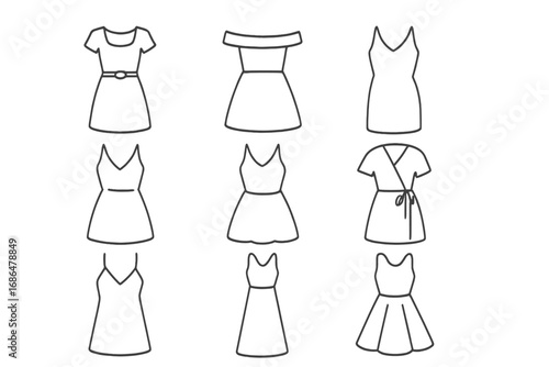 Women's dress line icon set. Summer fashion, clothing, apparel vector collection. Various frocks, gowns. Minimalist outline pictogram for boutique, web, app, infographics.