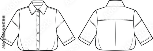 Women's shirt sketch, technical fashion illustration, button-down design, three-quarter sleeve, front and back view, garment template, sewing pattern