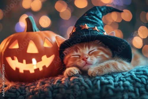 A cute ginger kitten, wearing a witch's hat, rests peacefully beside a glowing jack-o'-lantern, bathed in warm Halloween ambiance.