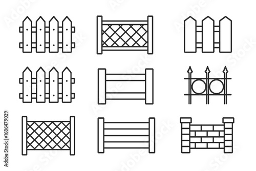 Fence line icon set. Various fences, walls, and barriers. Outline pictogram collection. Wooden picket, metal railing, brick wall, farm enclosure. Vector symbols for property.