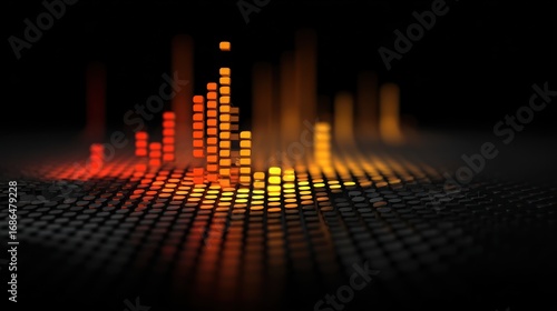 Abstract digital landscape with glowing bars on a grid in warm colors.