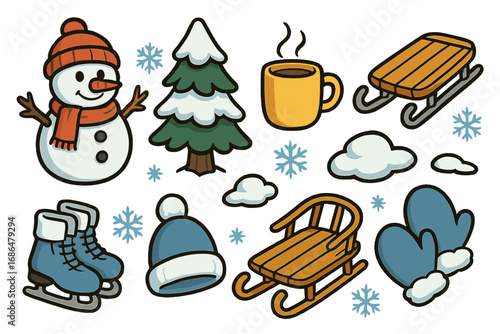 Winter snow day doodles with cozy holiday icons including snowman, Christmas tree, cup of hot drink, sleds, ice skates, knitted hat, mittens, snowflakes, and fluffy clouds, vector cartoon set