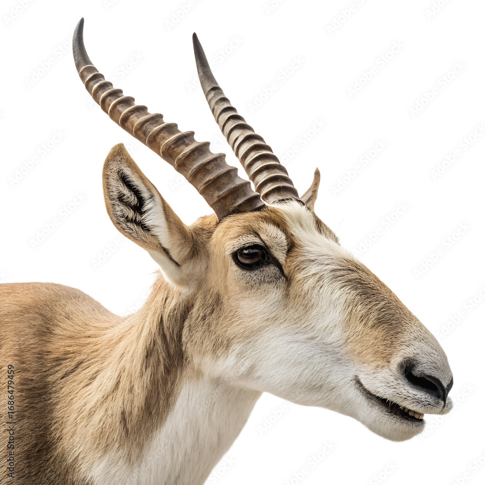 Fototapeta premium Saiga Antelope Profile Portrait: A close-up, detailed shot of a saiga antelope's distinctive head, showcasing its unique, overhanging nose and curved horns, set against a simple backdrop.