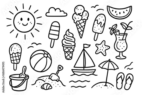 Summer doodles with sunshine, ice cream, beach toys, and marine elements in black and white line art style, vector cartoon illustration with transparent background, playful vacation set