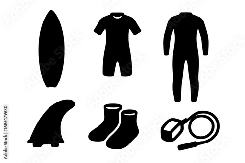 Surfing essentials vector icons collection, black silhouettes of surfing gear and apparel, including surfboard, wetsuits, fins, socks, leash, simple cartoon style, transparent background