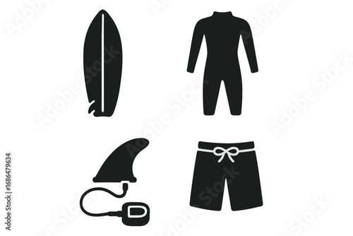 Surfing essentials icons set with black silhouettes of surfboard, wetsuit, fin, and boardshorts, vector cartoon illustration with transparent background, water sports gear collection