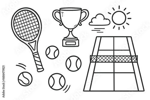 Tennis elements doodle set featuring racket, trophy, court sketches, tennis balls, sun, and cloud illustrations, fun vector cartoon outline with transparent background for sports design