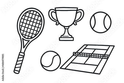Tennis elements doodle set featuring racket, trophy, tennis balls, and court sketches in vector cartoon style with transparent background, ordered sporty illustration collection
