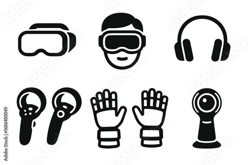 Minimalist Virtual Reality Gadgets and Accessories Icon Set, Vector Cartoon Style, Transparent Background, VR Headset, Controllers, Gloves, Headphones, Camera, Technology Devices