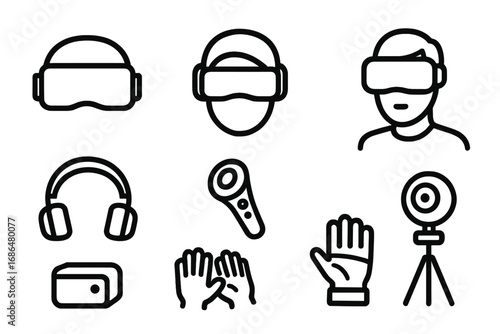 Virtual reality gadgets and accessories icon set in minimalist design, vector cartoon illustration with transparent background, ordered set of VR headset, controllers, gloves, headphones, and camera