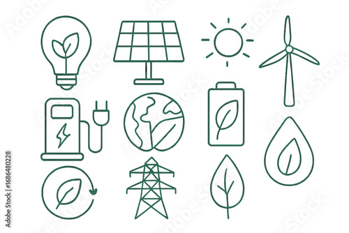 Renewable energy thin line vector icon set. Green power, sustainability, ecology concept. Collection of solar panel, wind turbine, hydro power, EV charging, and eco battery symbols.