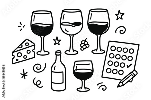 Wine tasting doodle collection with glasses of red wine, cheese wedge, grapes, bottle, and scorecard elements, hand-drawn vector cartoon illustration with transparent background in ordered set