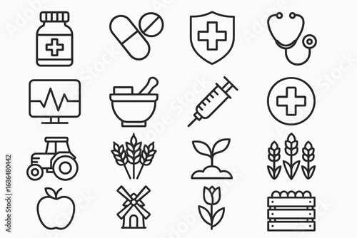 Medicine and agriculture vector line icons set including health, pharmacy, farming, natural growth, and crop symbols for medical and agricultural design concepts
