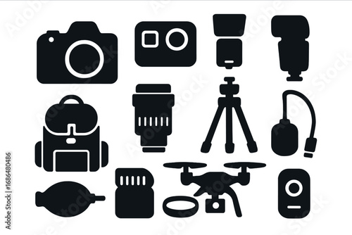 Silhouette icons of modern photography accessories and gadgets, vector cartoon illustration with transparent background, camera gear set including lenses, tripod, flash, drone, remote, and backpack