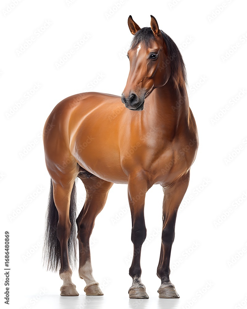 Fototapeta premium A Brown Horse Standing With Visible Swollen Front Hoof, Veterinary Documentation Style, Isolated On White Background, Premium Quality For Commercial Stock Use, No Text