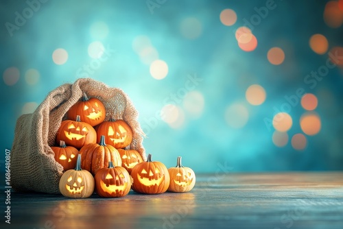 A collection of jack-o'-lanterns, lit from within, nestled in a burlap sack, sits on a wooden surface against a teal backdrop with bokeh.