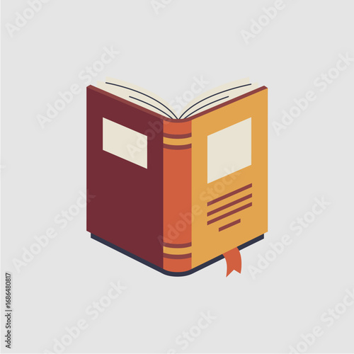 An open book with maroon and yellow covers, displaying blank pages and a bookmark, presented in a simple, flat illustration style.