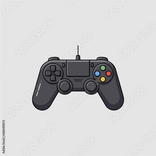 A black video game controller with a wire, featuring colorful buttons and directional controls, isolated on a light gray background.