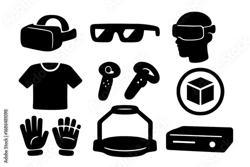 Silhouette icons of virtual reality gadgets and accessories, VR headset, smart glasses, controllers, gloves, haptic devices, immersive technology vector illustration set on transparent background