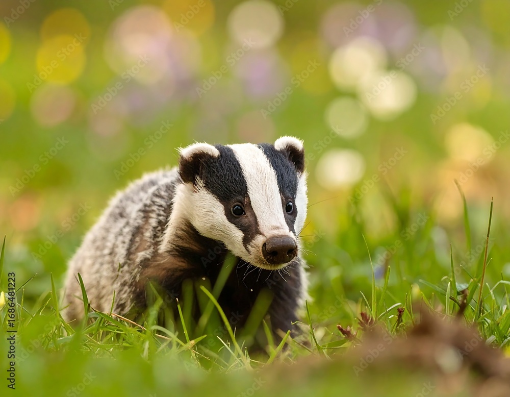 Obraz premium Cute badger cub in spring meadow