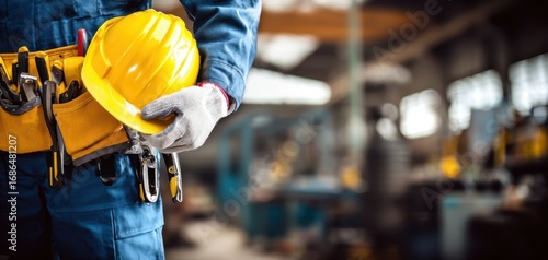 The construction worker holding a yellow hard hat in an industrial workshop setting