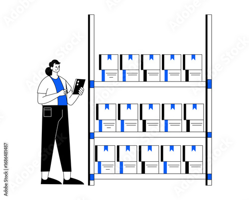 Hand drawn illustration showing a warehouse supervisor 
