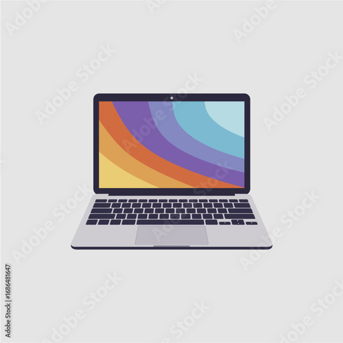 Sleek modern laptop displaying a vibrant abstract rainbow wave pattern on its screen.