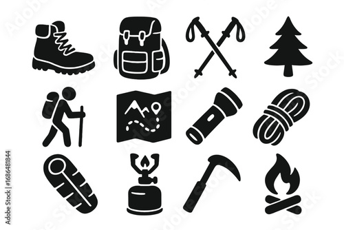 Outdoor adventure icons set featuring hiking gear and equipment silhouettes, trekking essentials and wilderness tools collection, camping and exploration vector graphics with transparent background