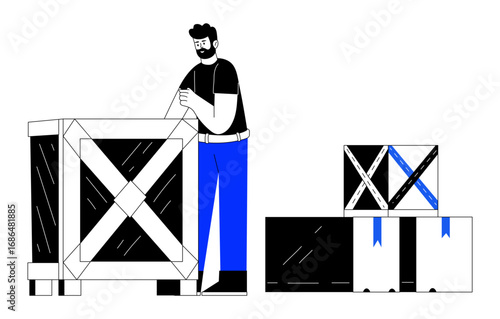 A hand drawn illustration showing a character packing crate 
