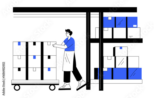 A hand drawn illustration showing a character carrying cargo box
