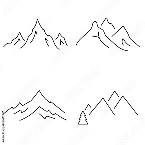 Group of black mountain icons on a white background. Vector illustration.