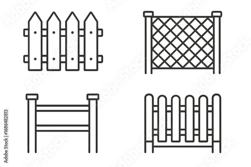 Fence line icon set. Collection of various fences: picket, lattice, rail. Outline vector illustration for web, app, garden, barrier, boundary, and farm concepts.