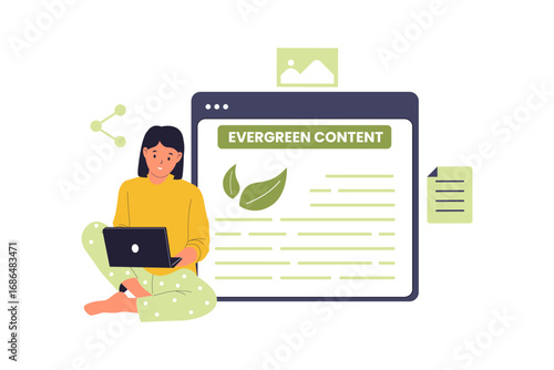 Evergreen Content Creation and SEO. A Woman Writing Sustainable and Timeless Content on a Laptop, Highlighting a Strategy for Long-Term Website Traffic and Value. Flat Vector Illustration